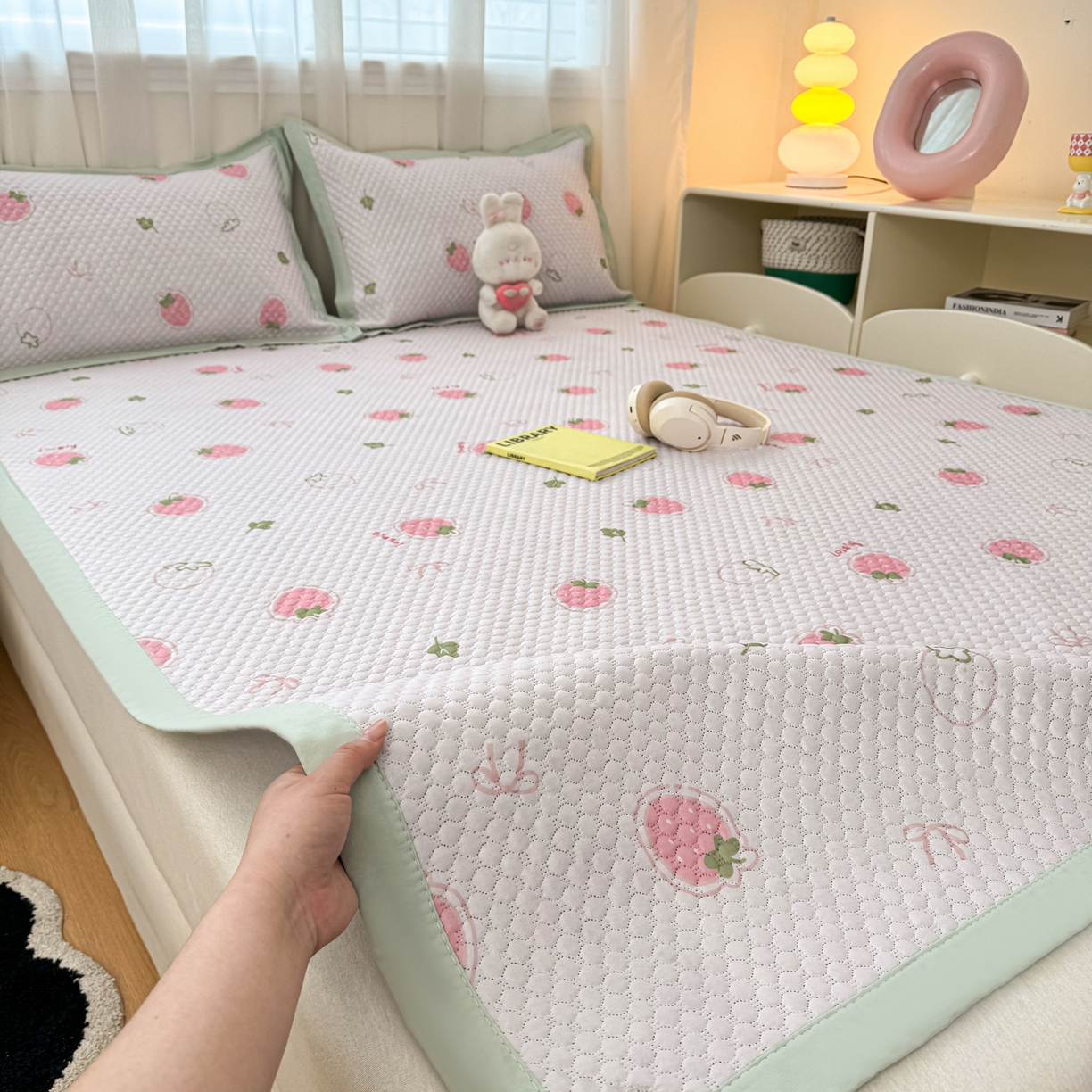 大元 2026新款冰豆豆数码印花席三明治底凉席席子 奶霜草莓