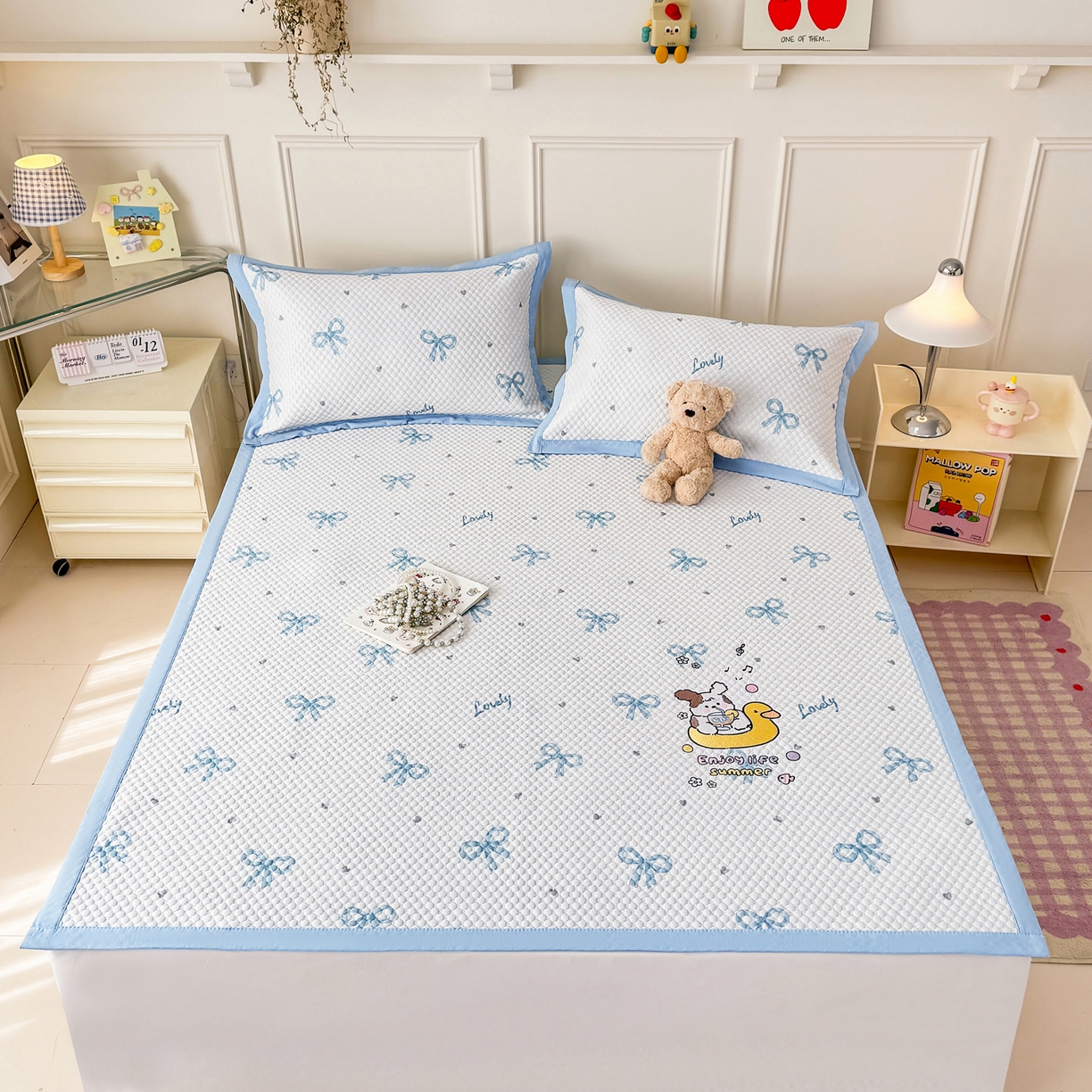 91家纺网 家纺一手货源 找家纺 大元 2026新款凉感冰豆豆印加绣凉席 可爱的夏天