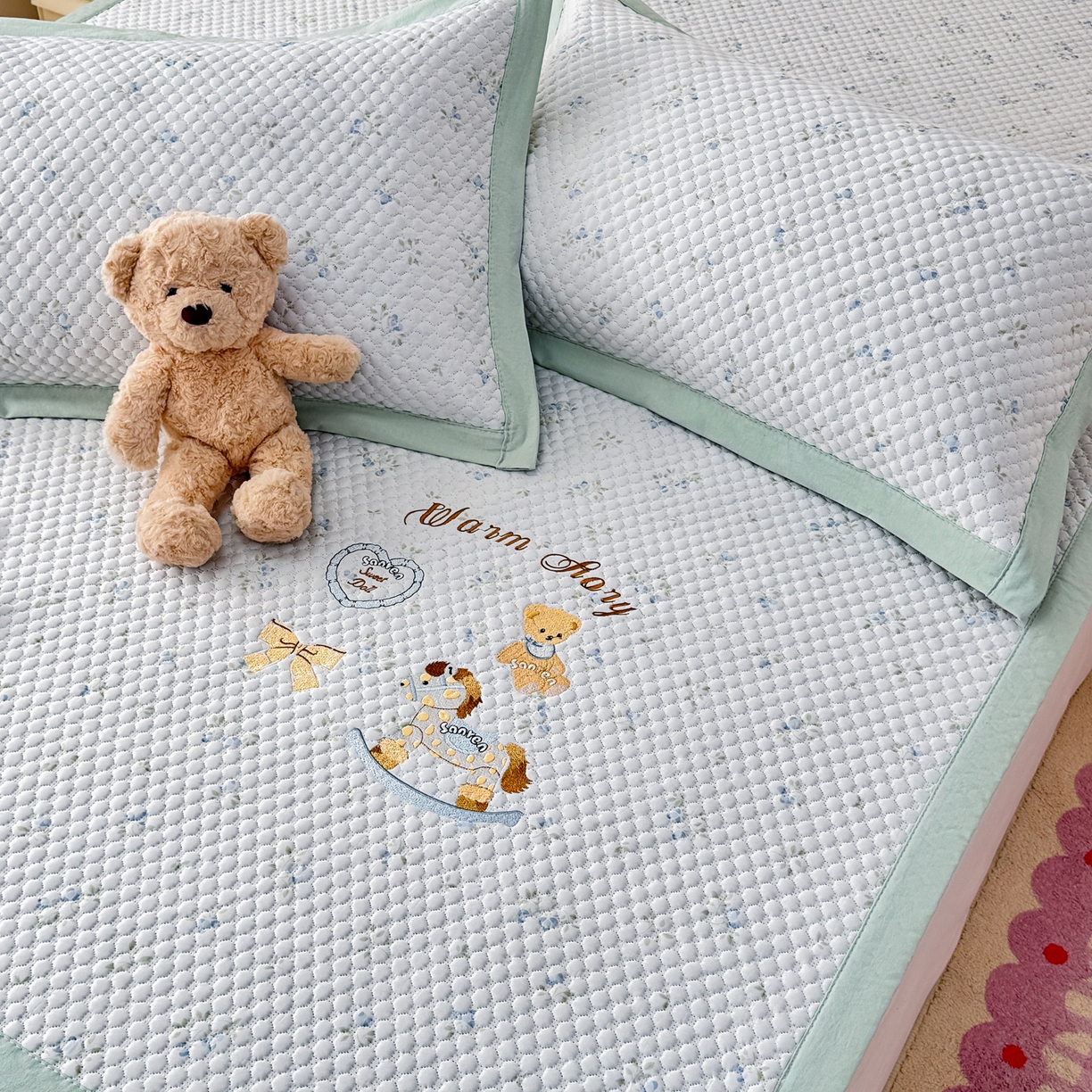 91家纺网 家纺一手货源 找家纺 大元 2026新款凉感冰豆豆印加绣凉席 回忆童话