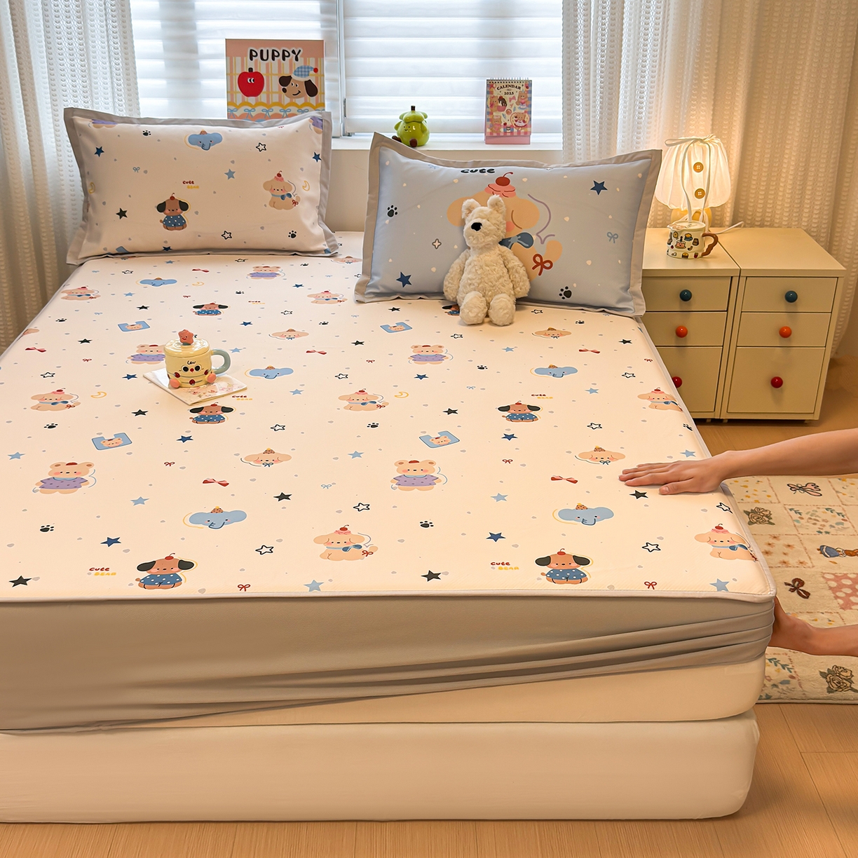 91家纺网 家纺一手货源 找家纺 懒猫家纺 2026新款卡通凉感冰丝床笠款凉席 床笠席-星愿萌宠