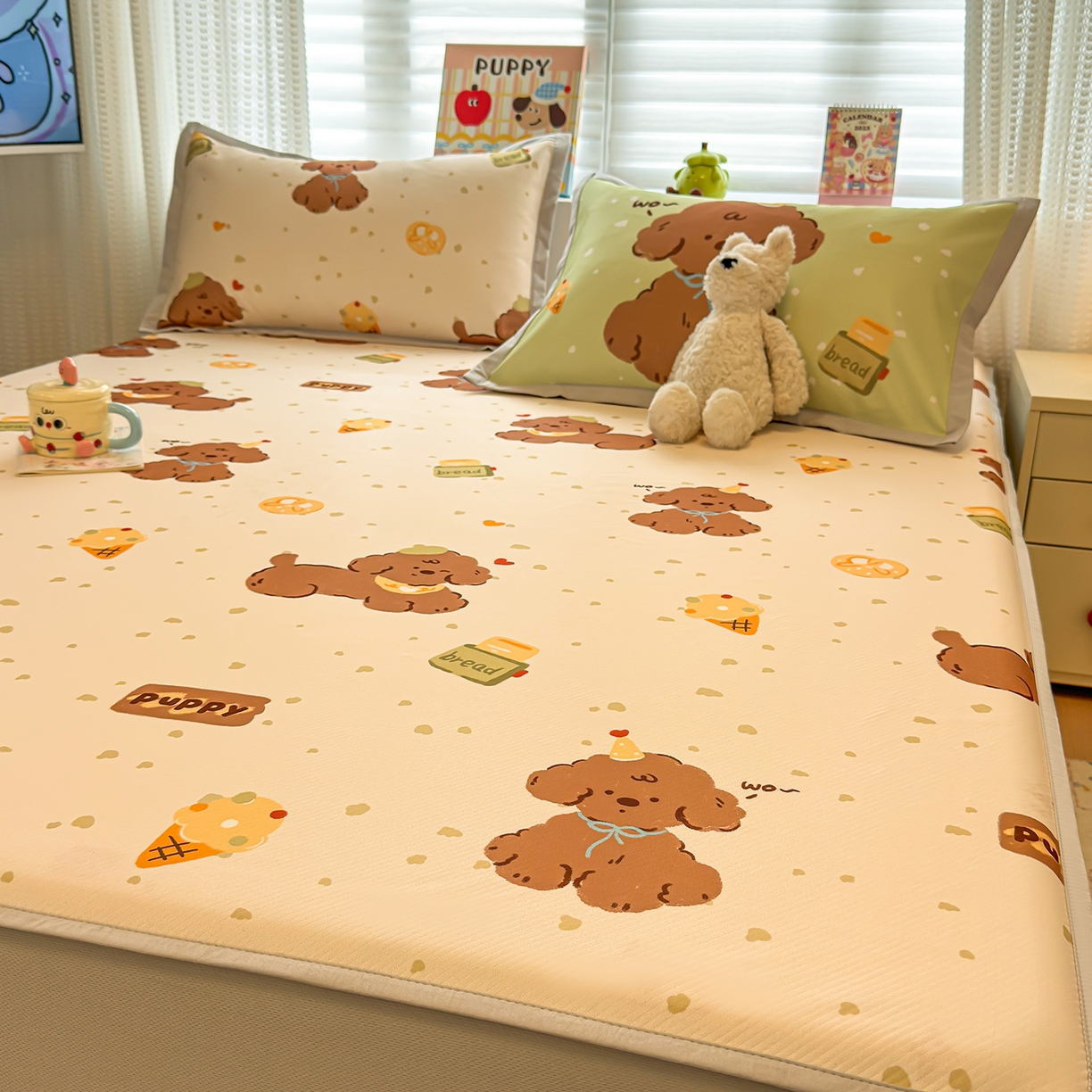 91家纺网 家纺一手货源 找家纺 懒猫家纺 2026新款卡通凉感冰丝床笠款凉席 床笠席-冰淇淋小狗