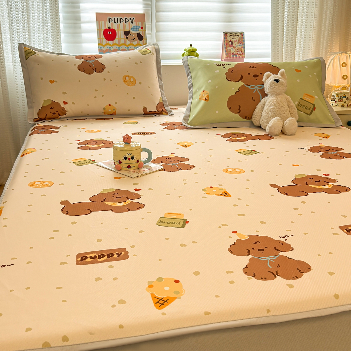 91家纺网 家纺一手货源 找家纺 懒猫家纺 2026新款卡通凉感冰丝床笠款凉席 床笠席-冰淇淋小狗