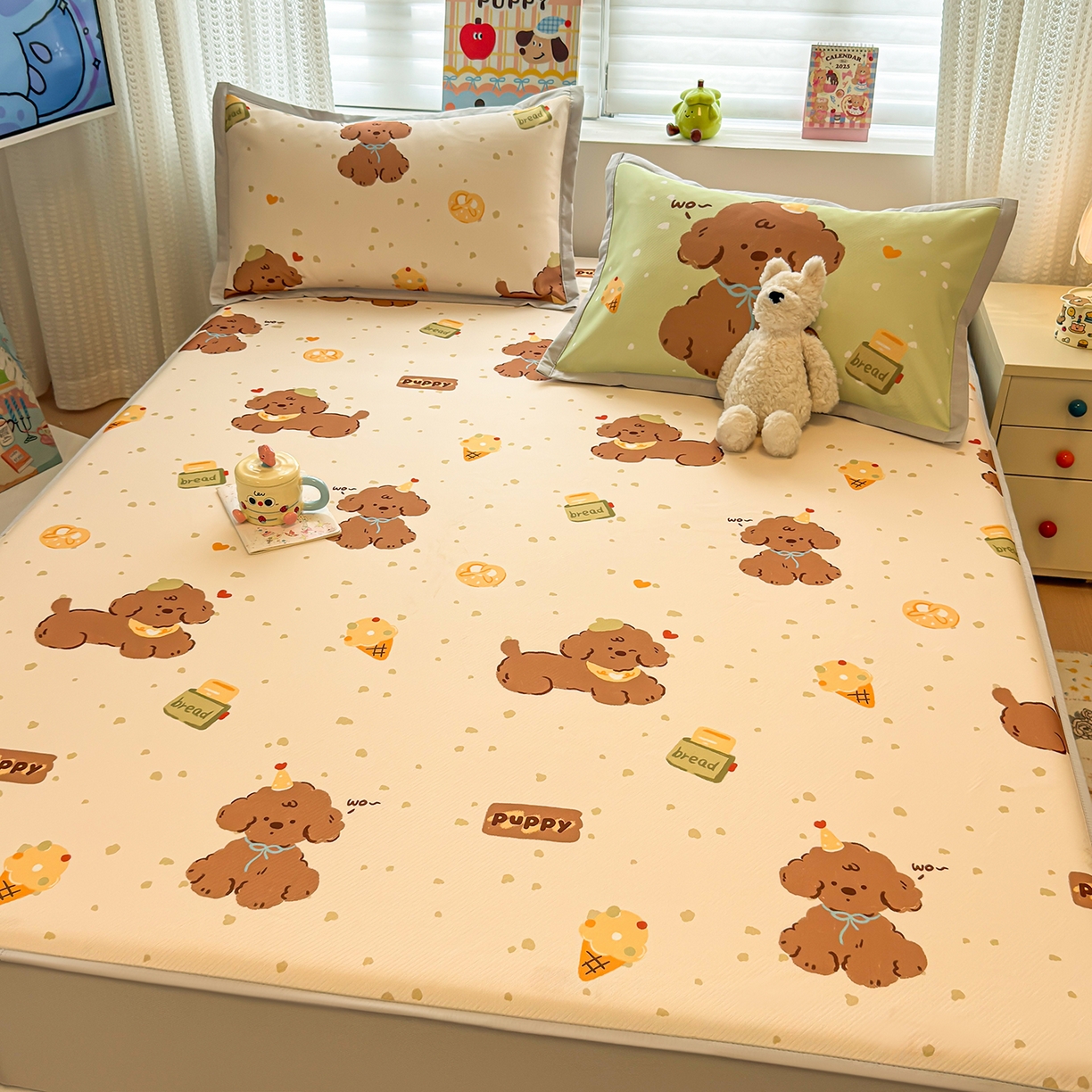 91家纺网 家纺一手货源 找家纺 懒猫家纺 2026新款卡通凉感冰丝床笠款凉席 床笠席-冰淇淋小狗