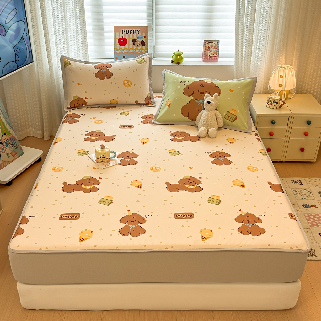 91家纺网 家纺一手货源 找家纺 懒猫家纺 2026新款卡通凉感冰丝床笠款凉席 床笠席-冰淇淋小狗