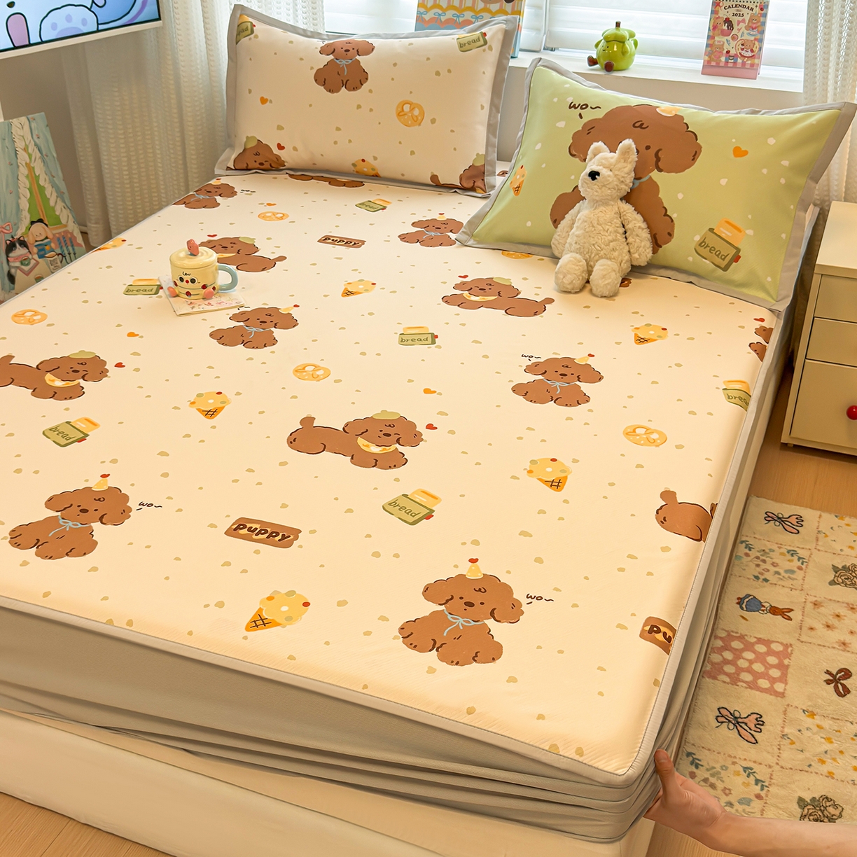 91家纺网 家纺一手货源 找家纺 懒猫家纺 2026新款卡通凉感冰丝床笠款凉席 床笠席-冰淇淋小狗