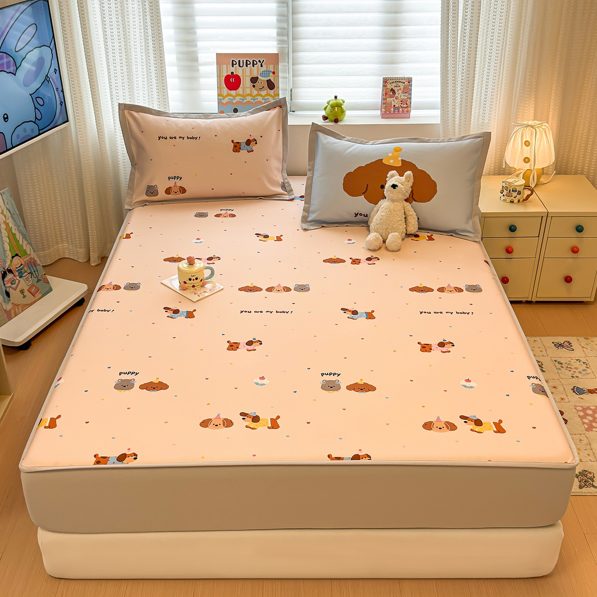 91家纺网 家纺一手货源 找家纺 懒猫家纺 2026新款卡通凉感冰丝床笠款凉席 床笠席-彩豆汪汪队