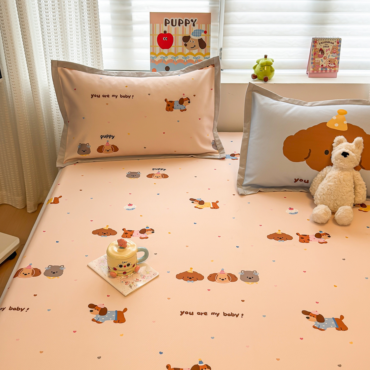 91家纺网 家纺一手货源 找家纺 懒猫家纺 2026新款卡通凉感冰丝床笠款凉席 床笠席-彩豆汪汪队