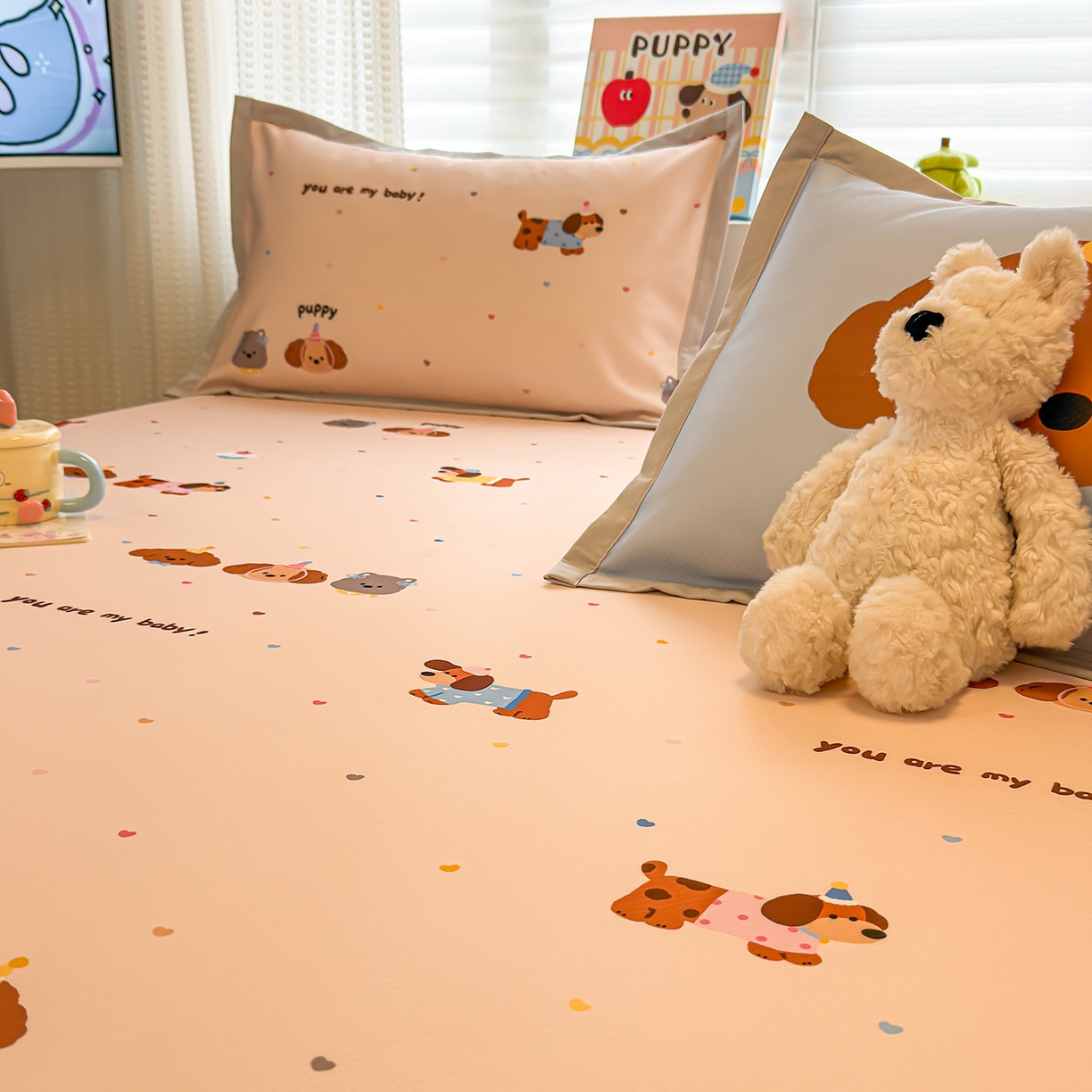 91家纺网 家纺一手货源 找家纺 懒猫家纺 2026新款卡通凉感冰丝床笠款凉席 床笠席-彩豆汪汪队