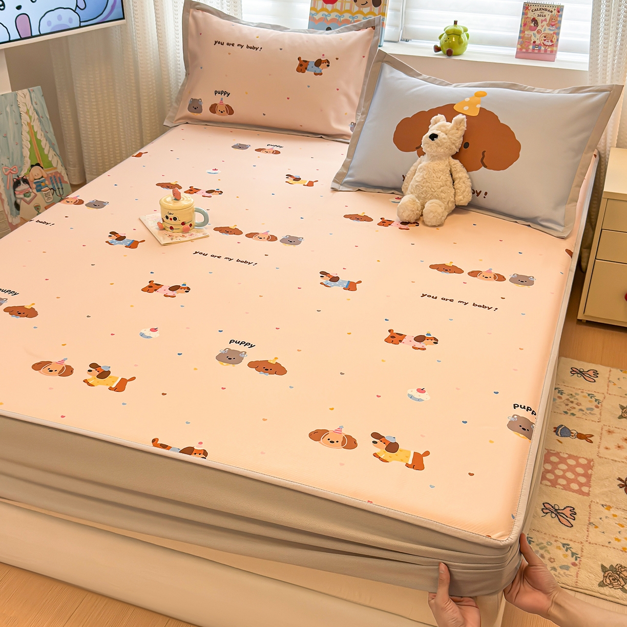 91家纺网 家纺一手货源 找家纺 懒猫家纺 2026新款卡通凉感冰丝床笠款凉席 床笠席-彩豆汪汪队