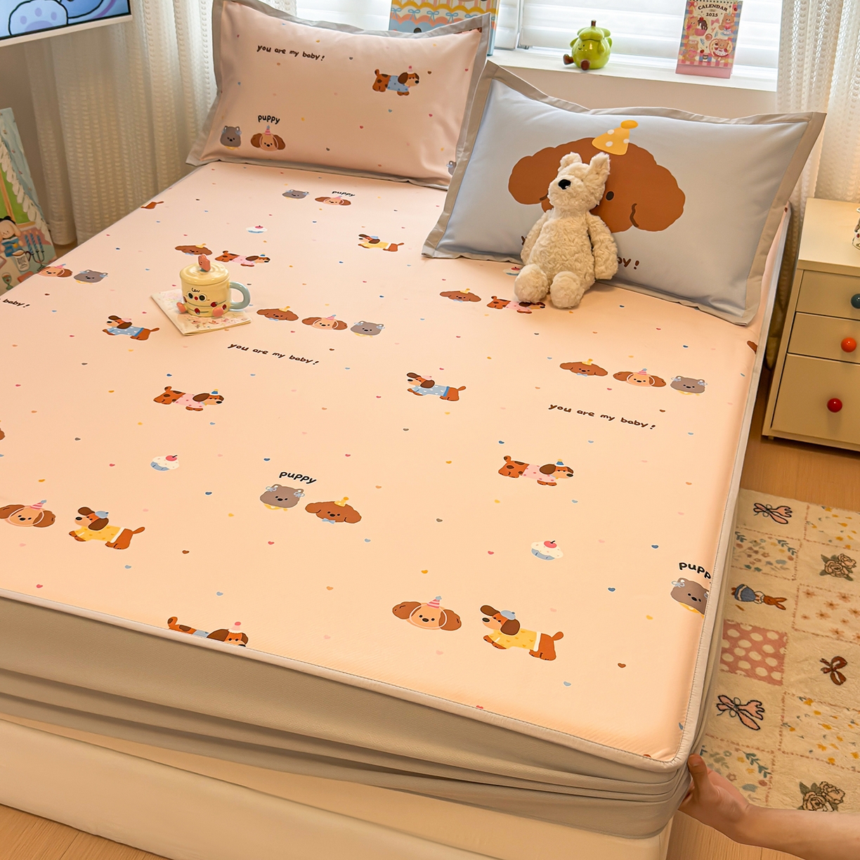 91家纺网 家纺一手货源 找家纺 懒猫家纺 2026新款卡通凉感冰丝床笠款凉席 床笠席-彩豆汪汪队