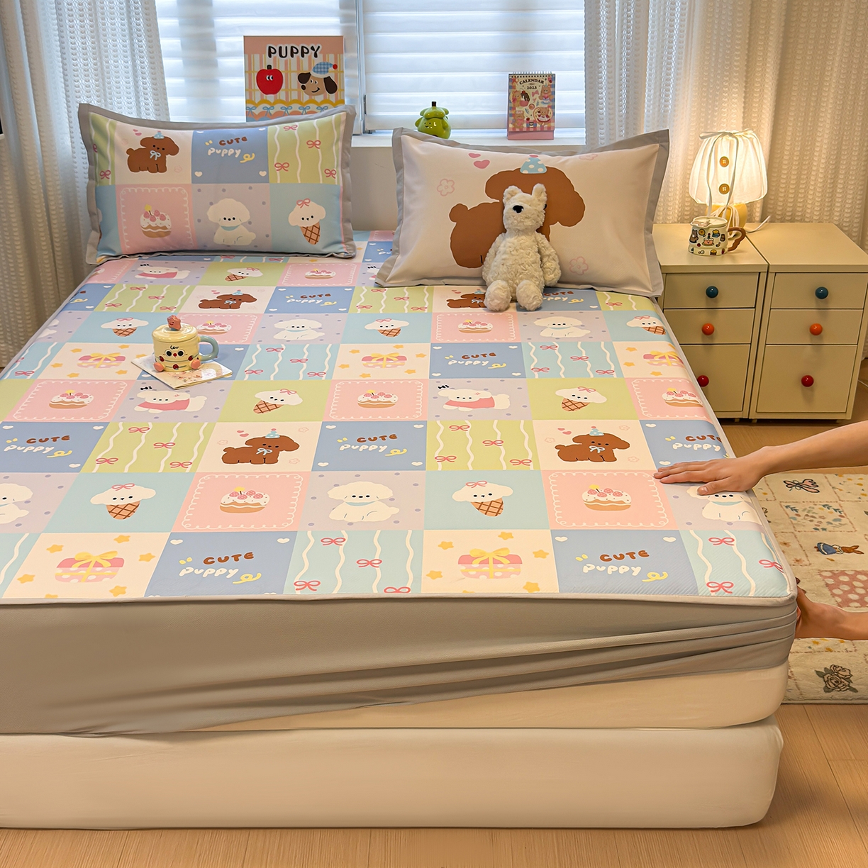 懒猫家纺 2026新款卡通凉感冰丝床笠款凉席 床笠席-彩格萌宠