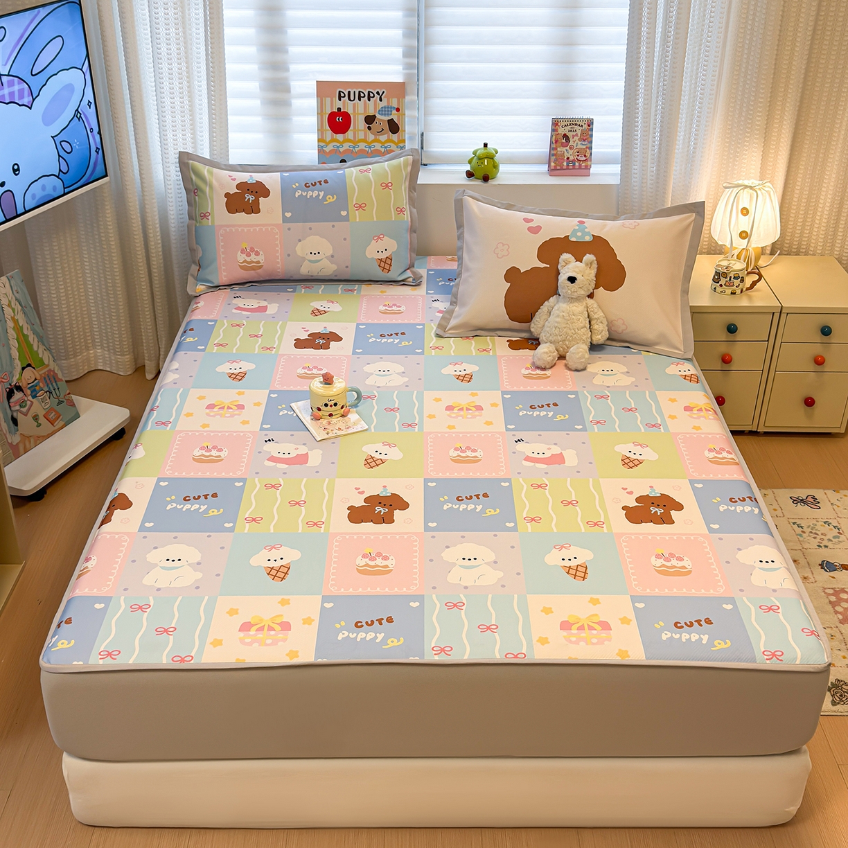 91家纺网 家纺一手货源 找家纺 懒猫家纺 2026新款卡通凉感冰丝床笠款凉席 床笠席-彩格萌宠