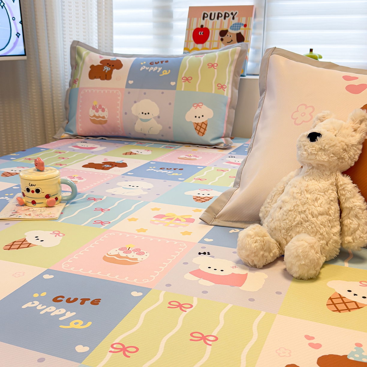 91家纺网 家纺一手货源 找家纺 懒猫家纺 2026新款卡通凉感冰丝床笠款凉席 床笠席-彩格萌宠