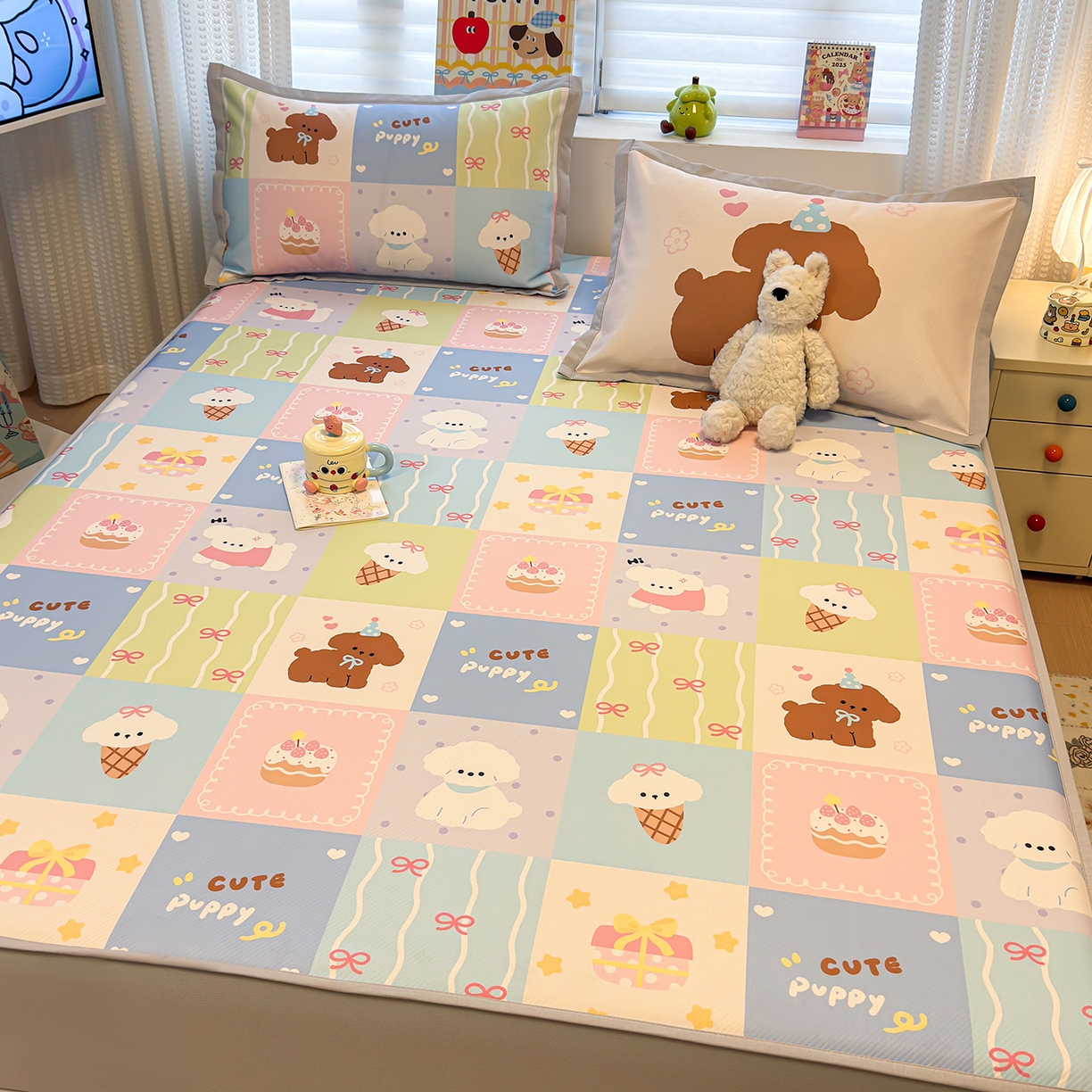 91家纺网 家纺一手货源 找家纺 懒猫家纺 2026新款卡通凉感冰丝床笠款凉席 床笠席-彩格萌宠