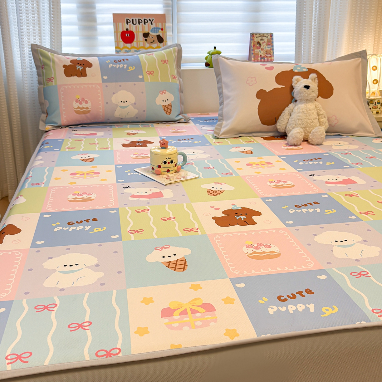 91家纺网 家纺一手货源 找家纺 懒猫家纺 2026新款卡通凉感冰丝床笠款凉席 床笠席-彩格萌宠