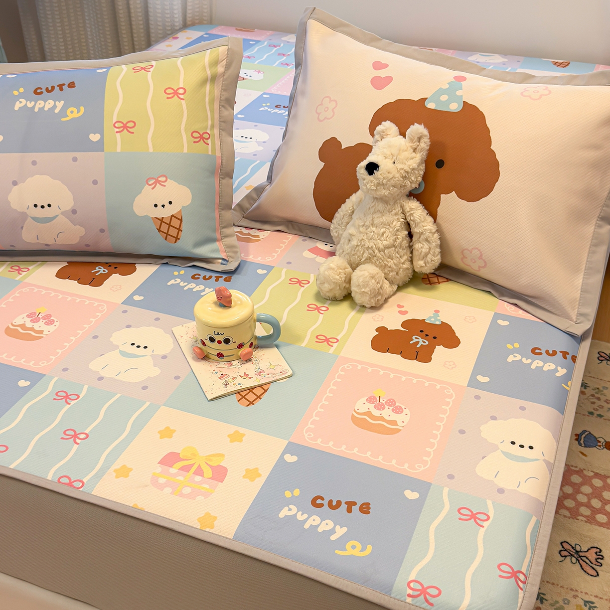 91家纺网 家纺一手货源 找家纺 懒猫家纺 2026新款卡通凉感冰丝床笠款凉席 床笠席-彩格萌宠