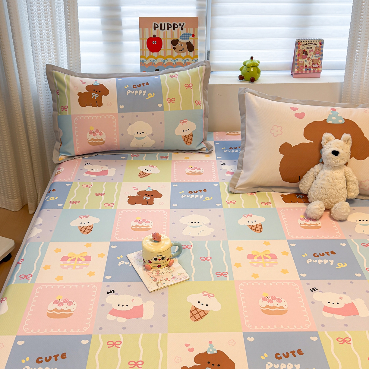 91家纺网 家纺一手货源 找家纺 懒猫家纺 2026新款卡通凉感冰丝床笠款凉席 床笠席-彩格萌宠