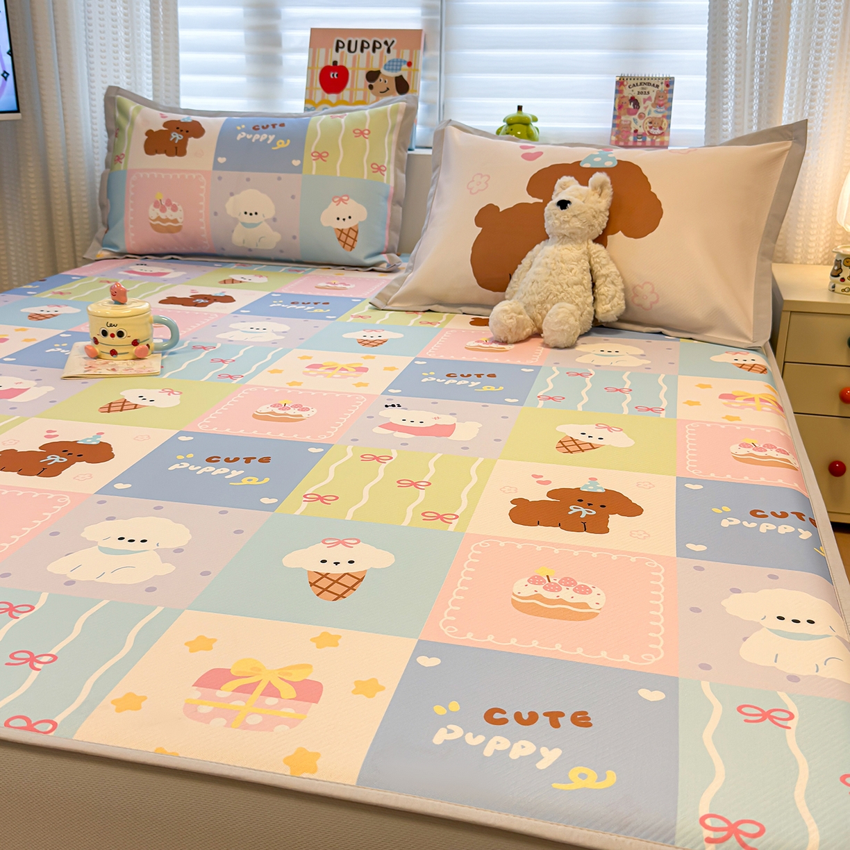 91家纺网 家纺一手货源 找家纺 懒猫家纺 2026新款卡通凉感冰丝床笠款凉席 床笠席-彩格萌宠