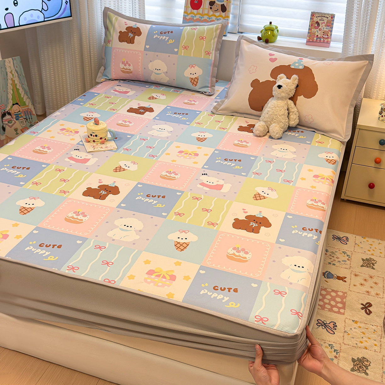 91家纺网 家纺一手货源 找家纺 懒猫家纺 2026新款卡通凉感冰丝床笠款凉席 床笠席-彩格萌宠