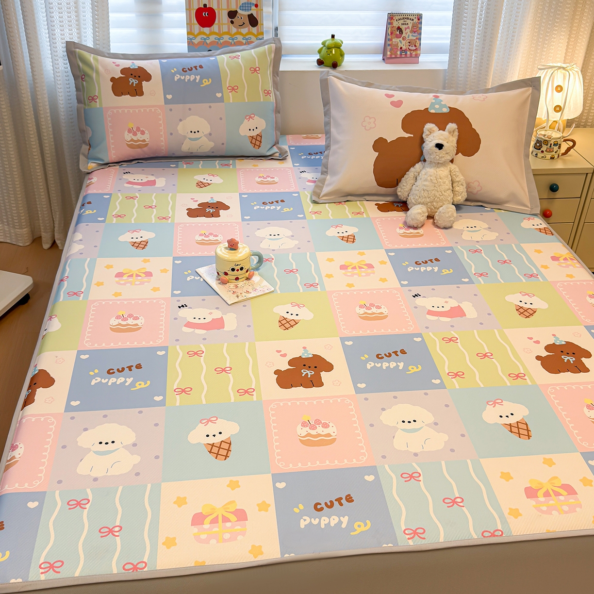 91家纺网 家纺一手货源 找家纺 懒猫家纺 2026新款卡通凉感冰丝床笠款凉席 床笠席-彩格萌宠