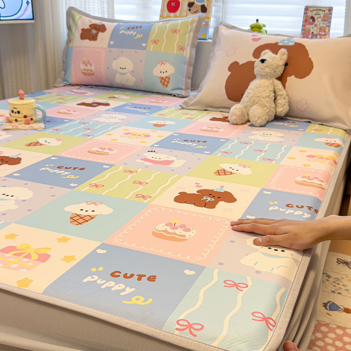 91家纺网 家纺一手货源 找家纺 懒猫家纺 2026新款卡通凉感冰丝床笠款凉席 床笠席-彩格萌宠