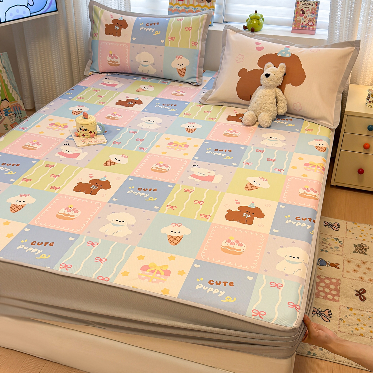 91家纺网 家纺一手货源 找家纺 懒猫家纺 2026新款卡通凉感冰丝床笠款凉席 床笠席-彩格萌宠