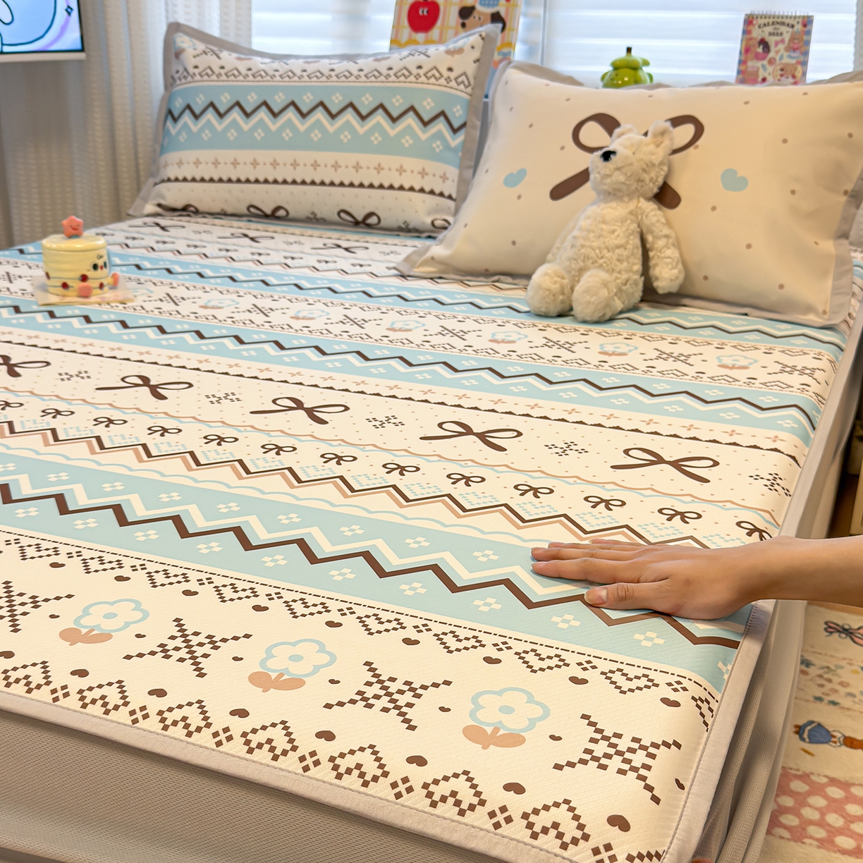 91家纺网 家纺一手货源 找家纺 懒猫家纺 2026新款卡通凉感冰丝床笠款凉席 床笠席-费尔岛