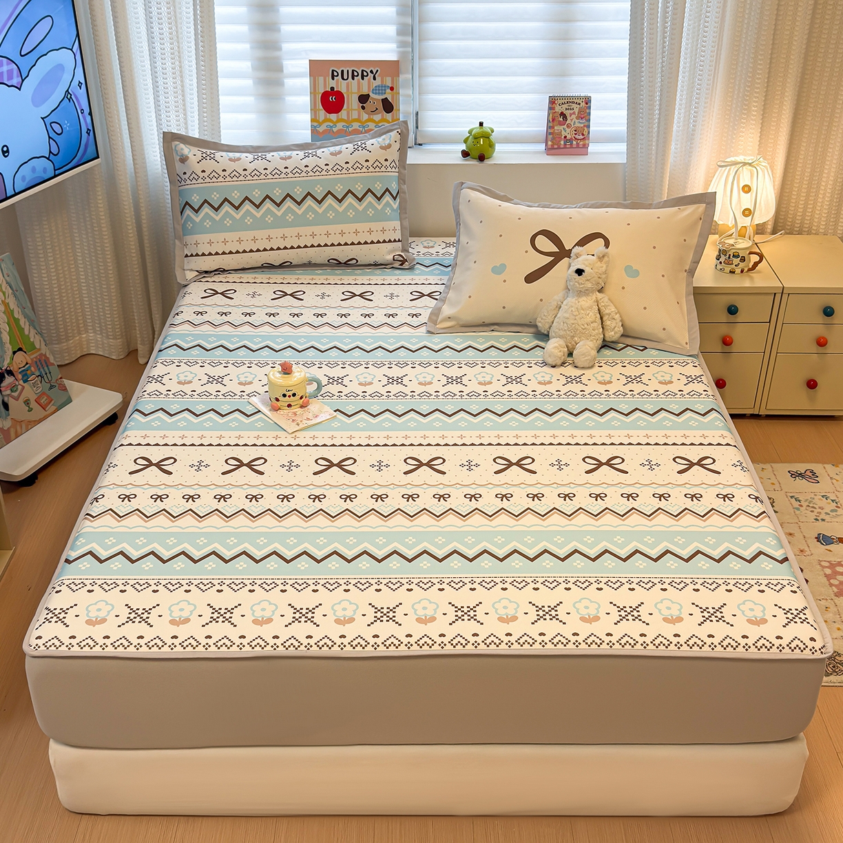 91家纺网 家纺一手货源 找家纺 懒猫家纺 2026新款卡通凉感冰丝床笠款凉席 床笠席-费尔岛