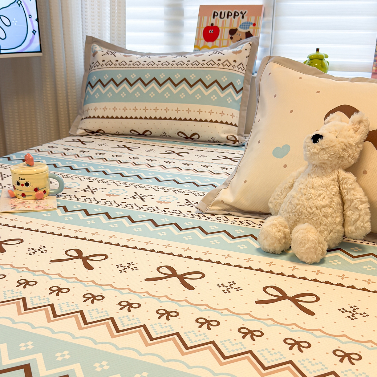 91家纺网 家纺一手货源 找家纺 懒猫家纺 2026新款卡通凉感冰丝床笠款凉席 床笠席-费尔岛