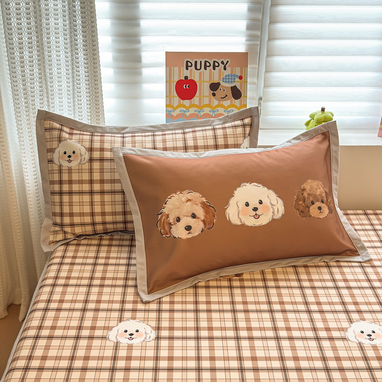 91家纺网 家纺一手货源 找家纺 懒猫家纺 2026新款卡通凉感冰丝床笠款凉席 床笠席-格纹爱犬