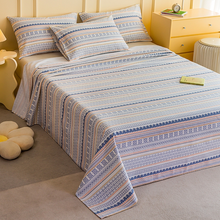 91家纺网 家纺一手货源 找家纺 云玲时尚 2026新款全棉老粗布席子凉席单床单床单单件 蓝橙花条