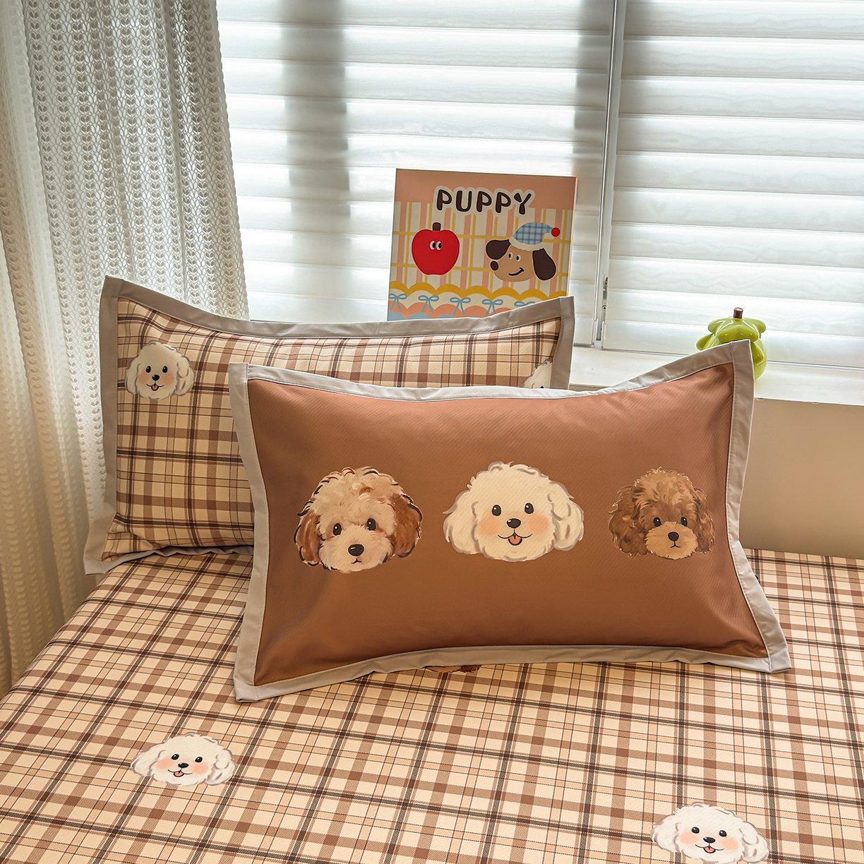 91家纺网 家纺一手货源 找家纺 懒猫家纺 2026新款卡通凉感冰丝床笠款凉席 床笠席-格纹爱犬