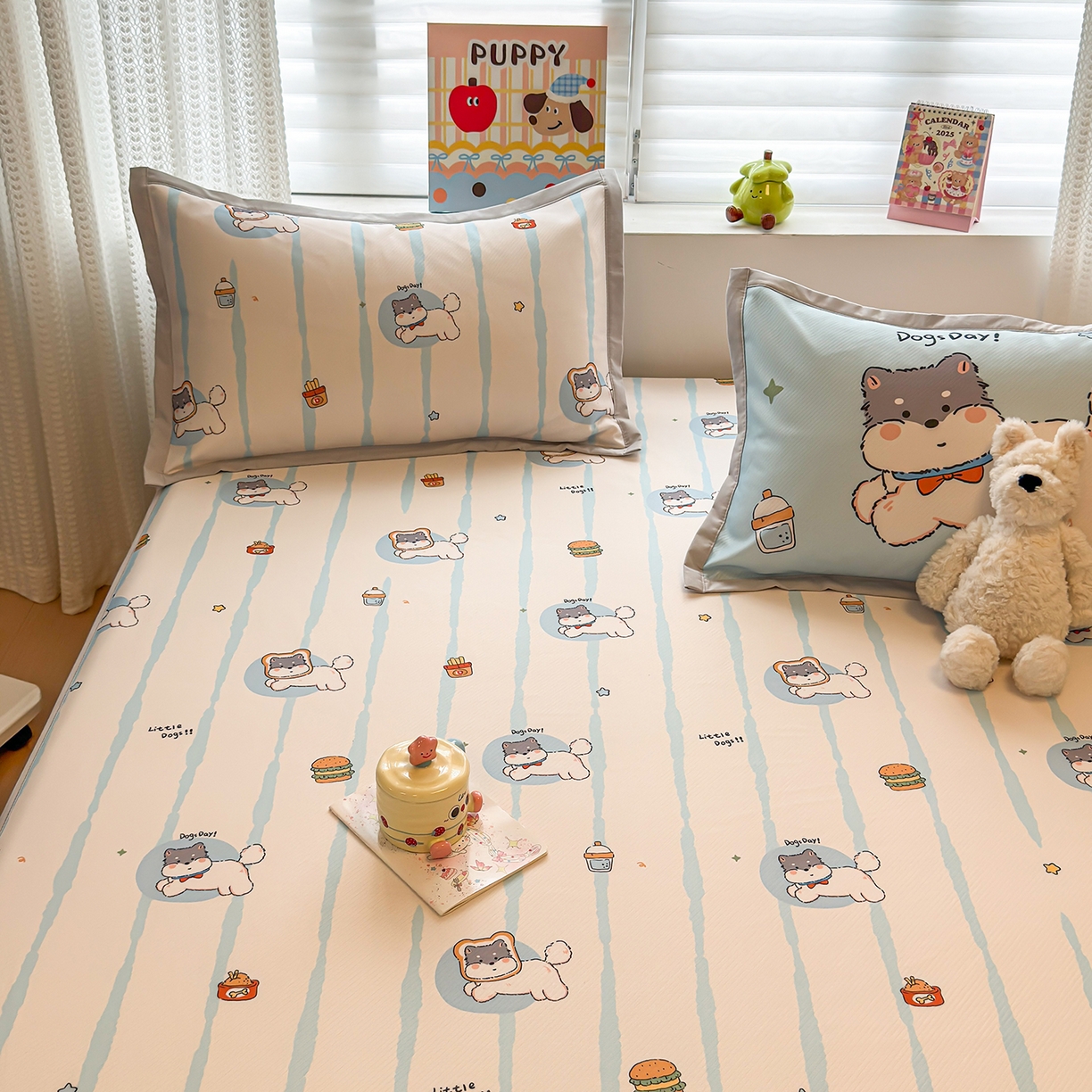 91家纺网 家纺一手货源 找家纺 懒猫家纺 2026新款卡通凉感冰丝床笠款凉席 床笠席-汉堡小狗