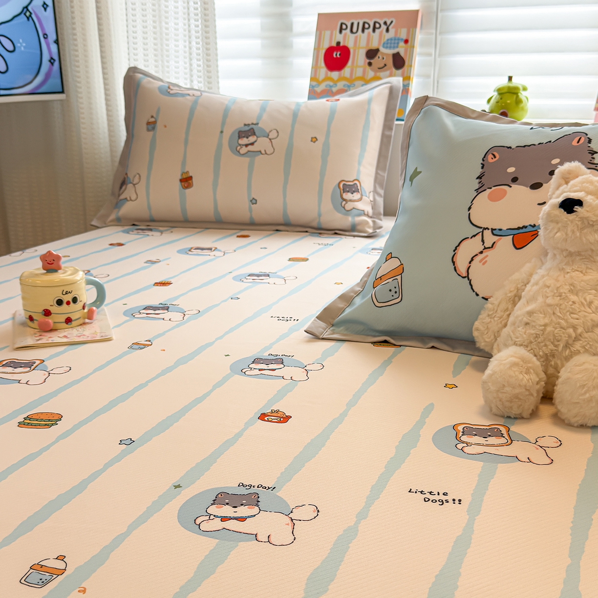 91家纺网 家纺一手货源 找家纺 懒猫家纺 2026新款卡通凉感冰丝床笠款凉席 床笠席-汉堡小狗