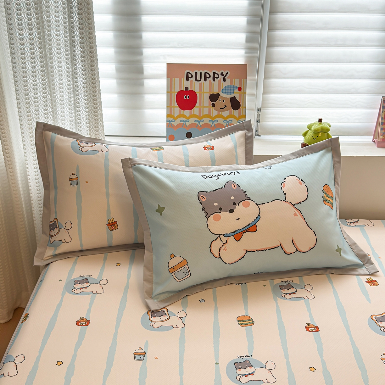 91家纺网 家纺一手货源 找家纺 懒猫家纺 2026新款卡通凉感冰丝床笠款凉席 床笠席-汉堡小狗