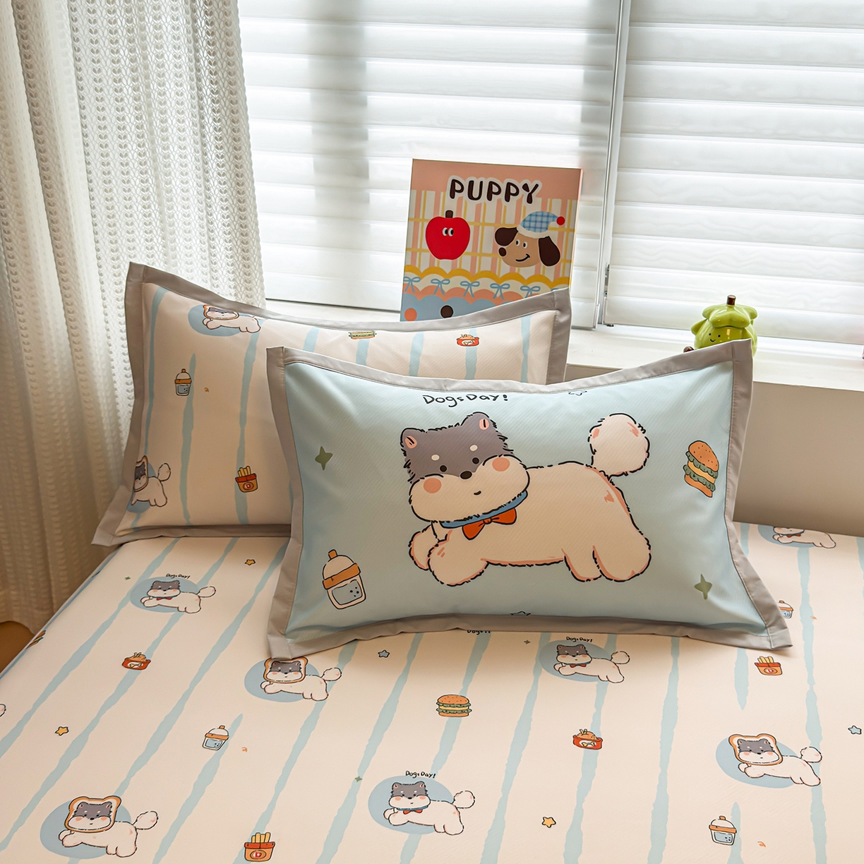 91家纺网 家纺一手货源 找家纺 懒猫家纺 2026新款卡通凉感冰丝床笠款凉席 床笠席-汉堡小狗