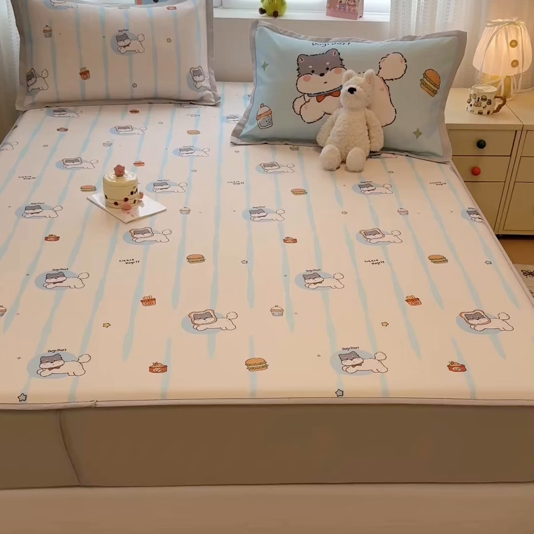 91家纺网 家纺一手货源 找家纺 懒猫家纺 2026新款卡通凉感冰丝床笠款凉席 床笠席-汉堡小狗