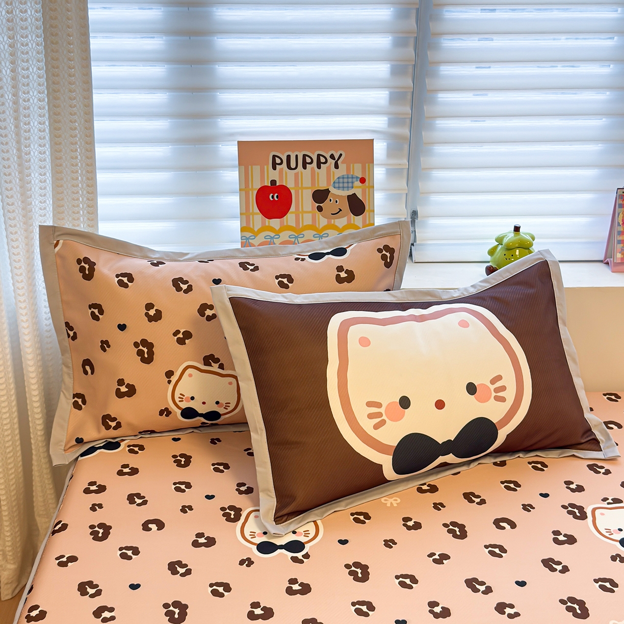 91家纺网 家纺一手货源 找家纺 懒猫家纺 2026新款卡通凉感冰丝床笠款凉席 床笠席-咖豹小猫