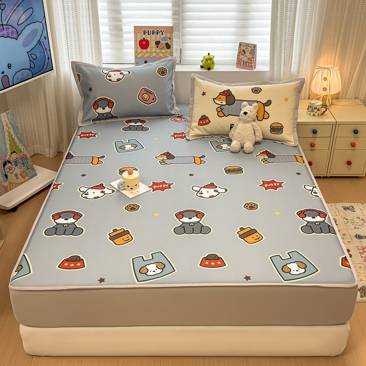 91家纺网 家纺一手货源 找家纺 懒猫家纺 2026新款卡通凉感冰丝床笠款凉席 床笠席-酷狗腊肠