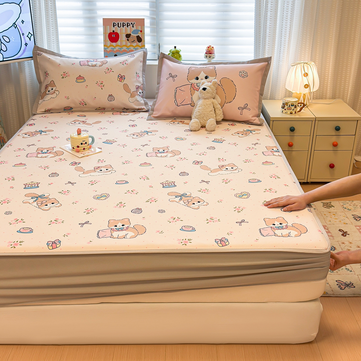 懒猫家纺 2026新款卡通凉感冰丝床笠款凉席 床笠席-甜心茶语