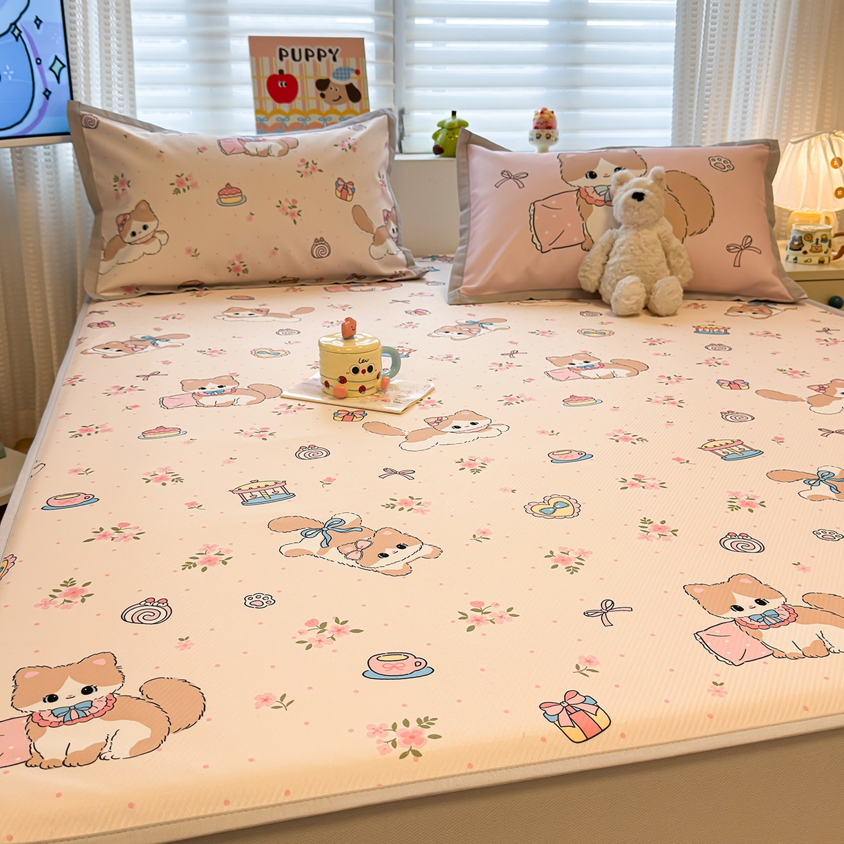 91家纺网 家纺一手货源 找家纺 懒猫家纺 2026新款卡通凉感冰丝床笠款凉席 床笠席-甜心茶语