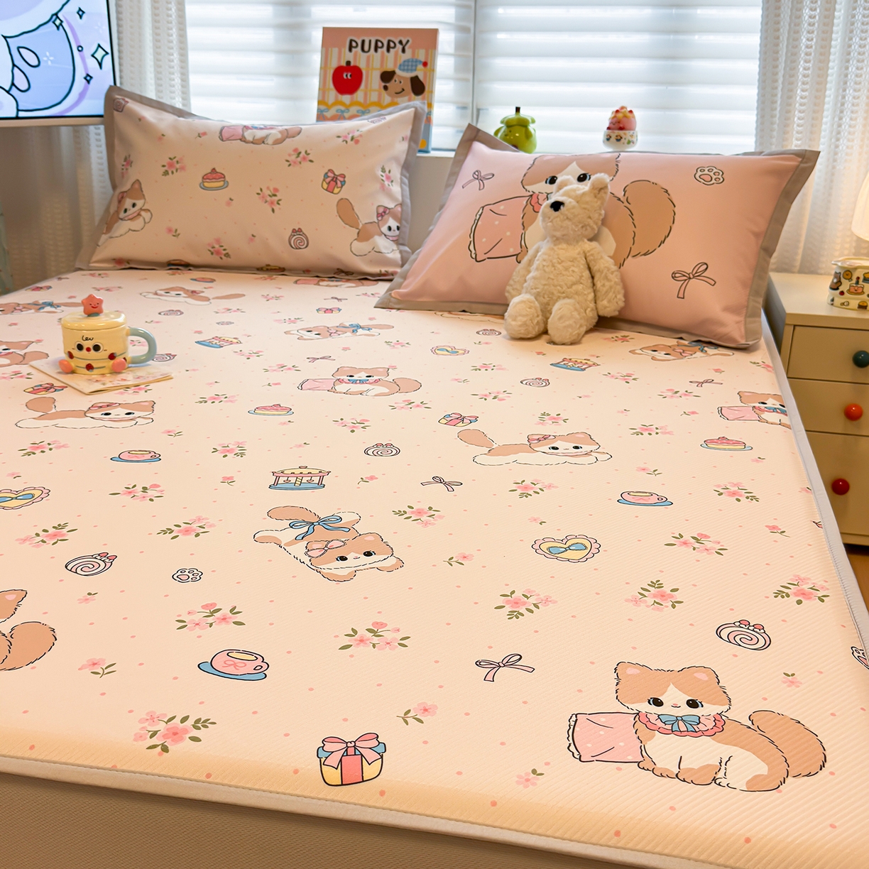 91家纺网 家纺一手货源 找家纺 懒猫家纺 2026新款卡通凉感冰丝床笠款凉席 床笠席-甜心茶语