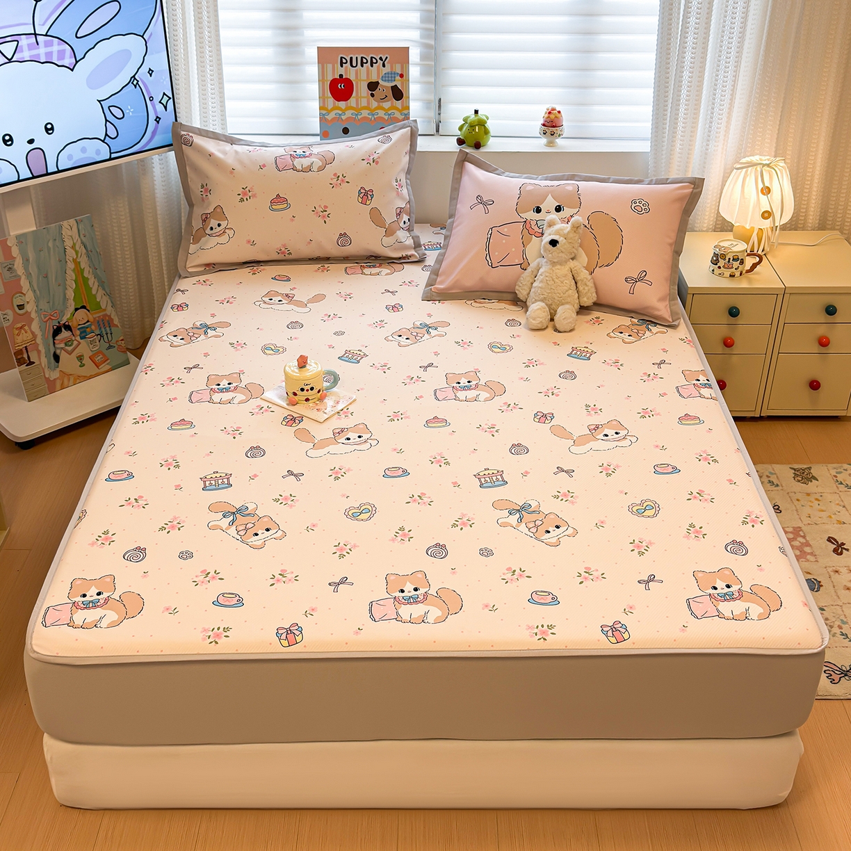 91家纺网 家纺一手货源 找家纺 懒猫家纺 2026新款卡通凉感冰丝床笠款凉席 床笠席-甜心茶语