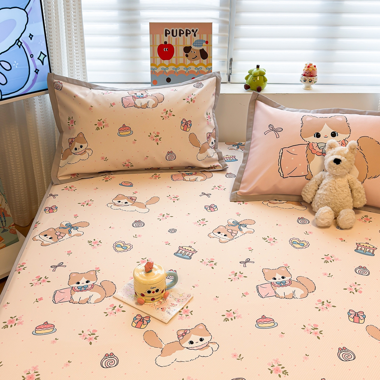 91家纺网 家纺一手货源 找家纺 懒猫家纺 2026新款卡通凉感冰丝床笠款凉席 床笠席-甜心茶语