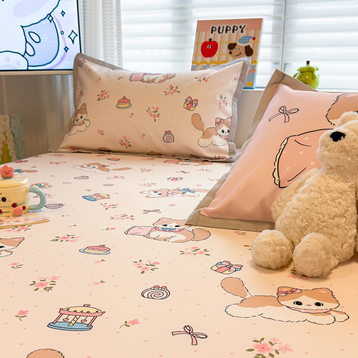 91家纺网 家纺一手货源 找家纺 懒猫家纺 2026新款卡通凉感冰丝床笠款凉席 床笠席-甜心茶语