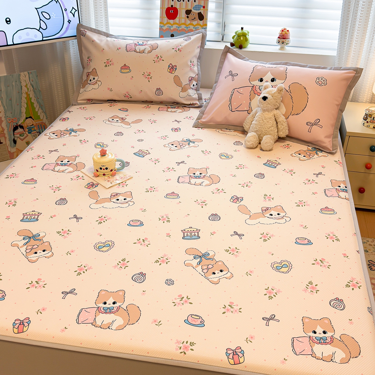 91家纺网 家纺一手货源 找家纺 懒猫家纺 2026新款卡通凉感冰丝床笠款凉席 床笠席-甜心茶语