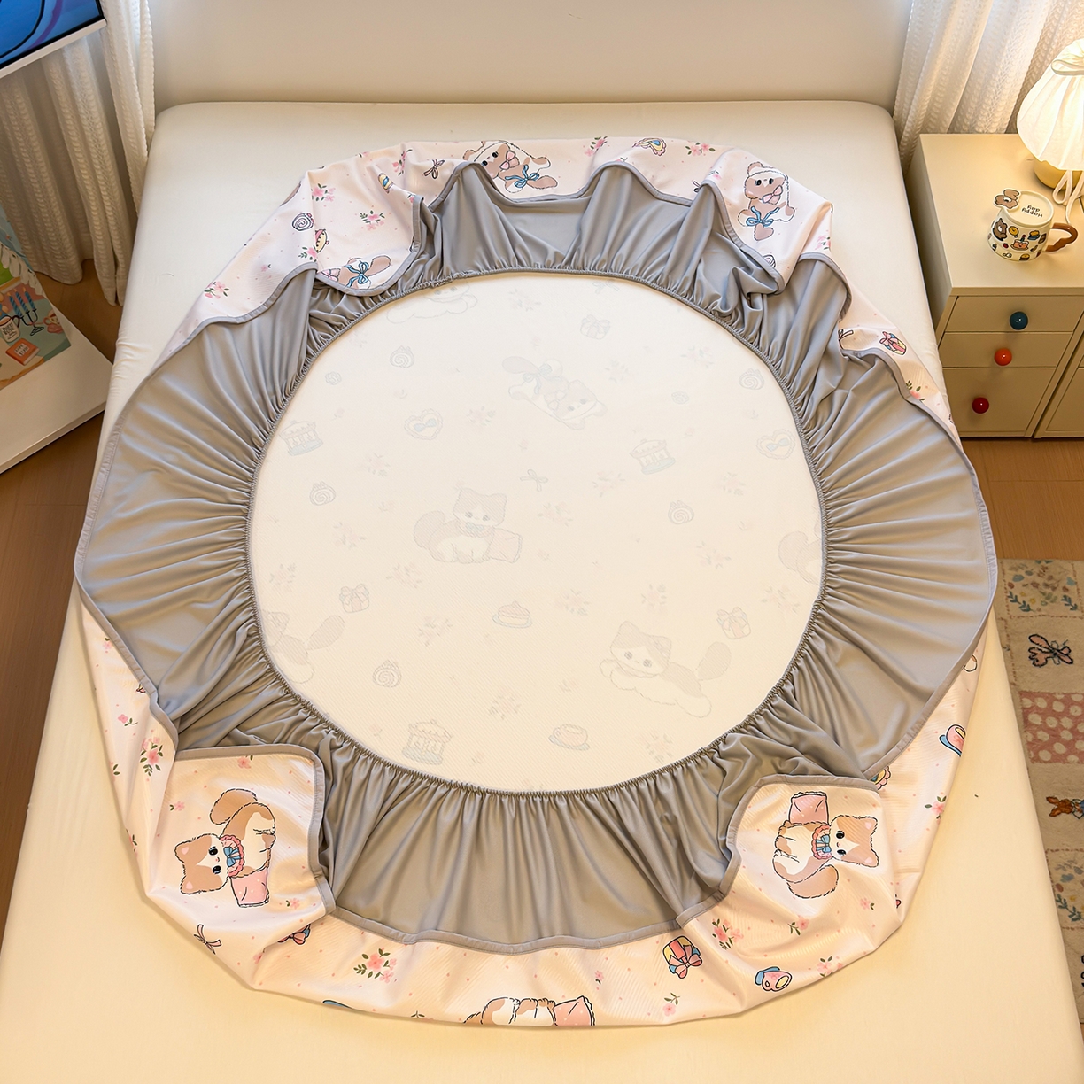 91家纺网 家纺一手货源 找家纺 懒猫家纺 2026新款卡通凉感冰丝床笠款凉席 床笠席-甜心茶语