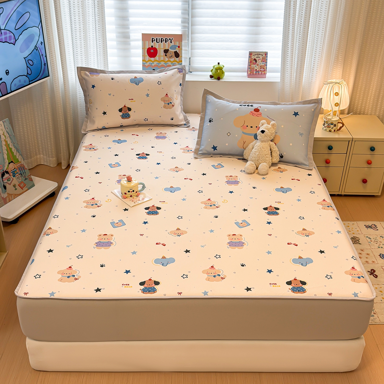 91家纺网 家纺一手货源 找家纺 懒猫家纺 2026新款卡通凉感冰丝床笠款凉席 床笠席-星愿萌宠