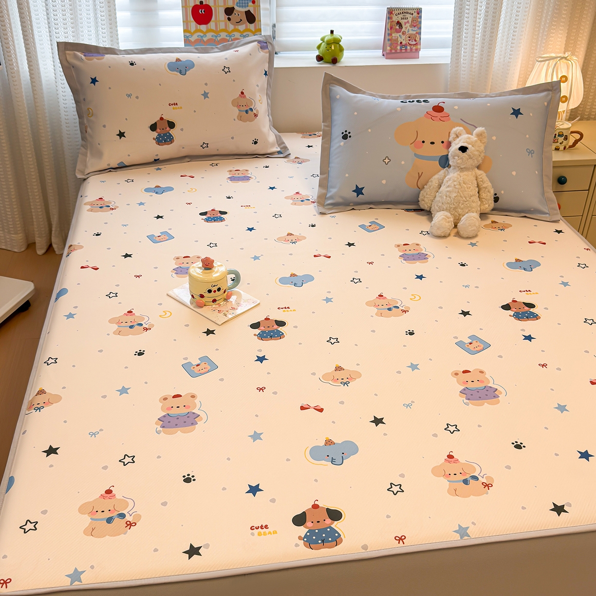 91家纺网 家纺一手货源 找家纺 懒猫家纺 2026新款卡通凉感冰丝床笠款凉席 床笠席-星愿萌宠