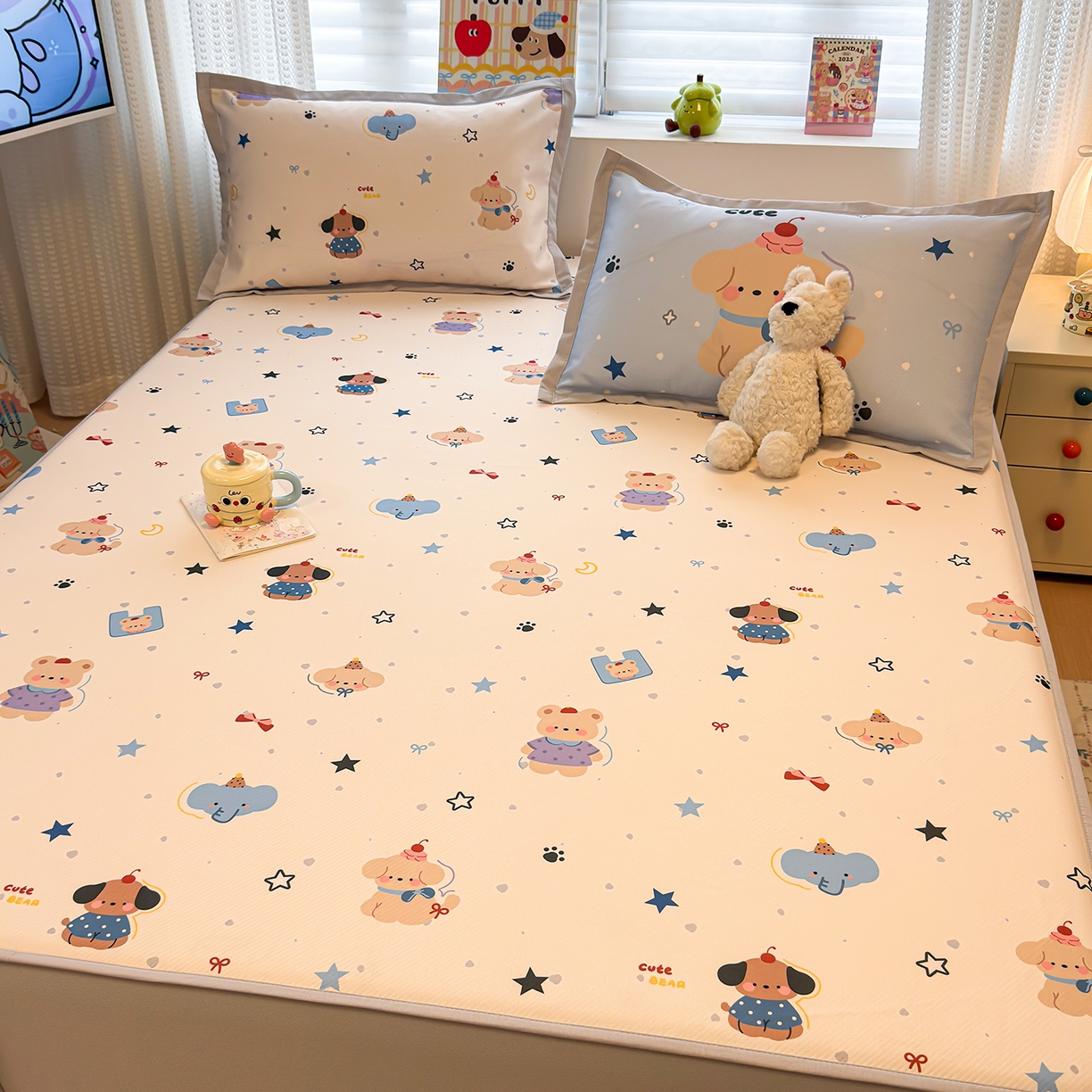 91家纺网 家纺一手货源 找家纺 懒猫家纺 2026新款卡通凉感冰丝床笠款凉席 床笠席-星愿萌宠